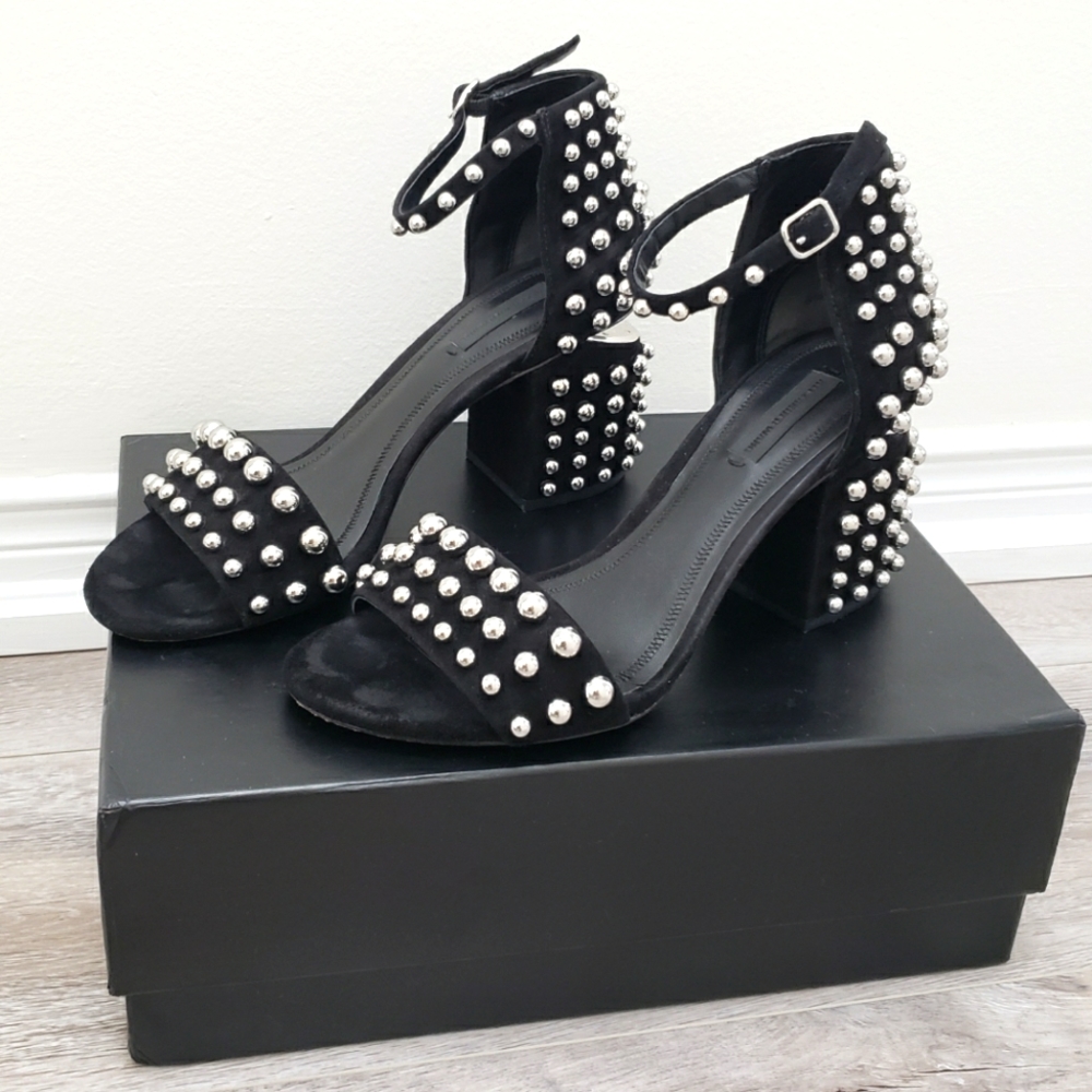 100% Authentic Alexander Wang Abby Studded Suede Block Heel Sz 38.5